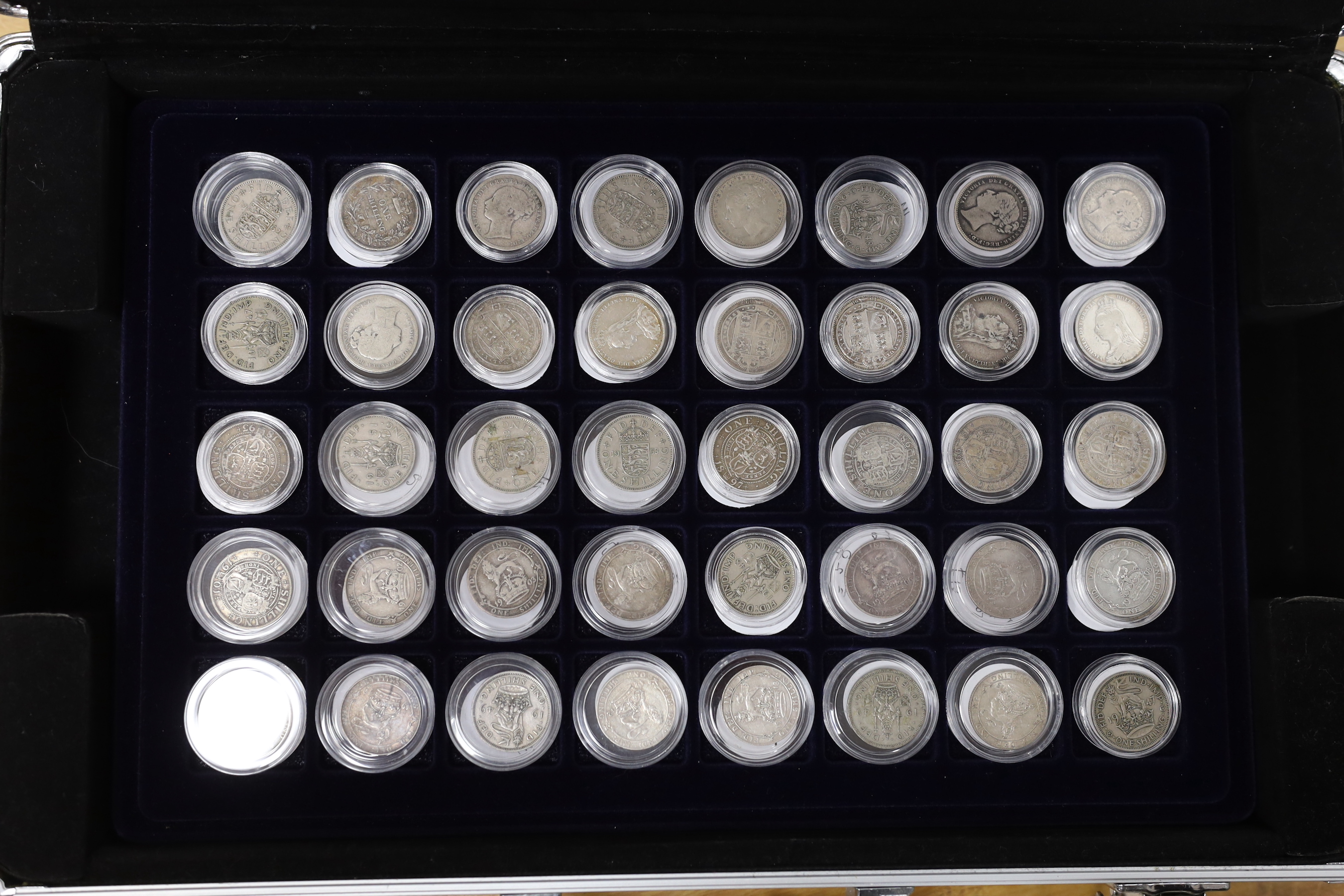 UK coins, a case of George II to Queen Elizabeth II silver shillings etc